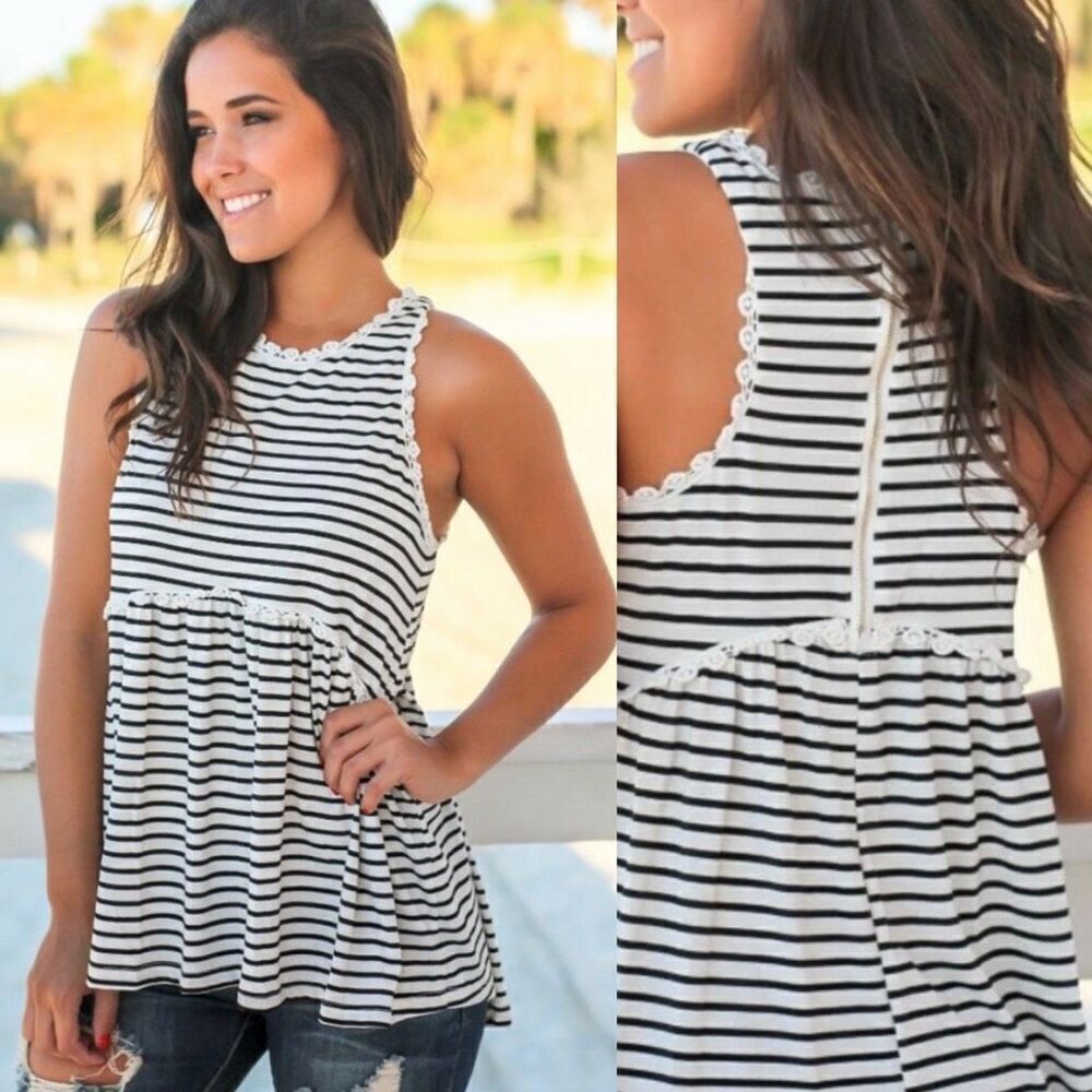 POL Black White Striped Zip Back Tank Top Small